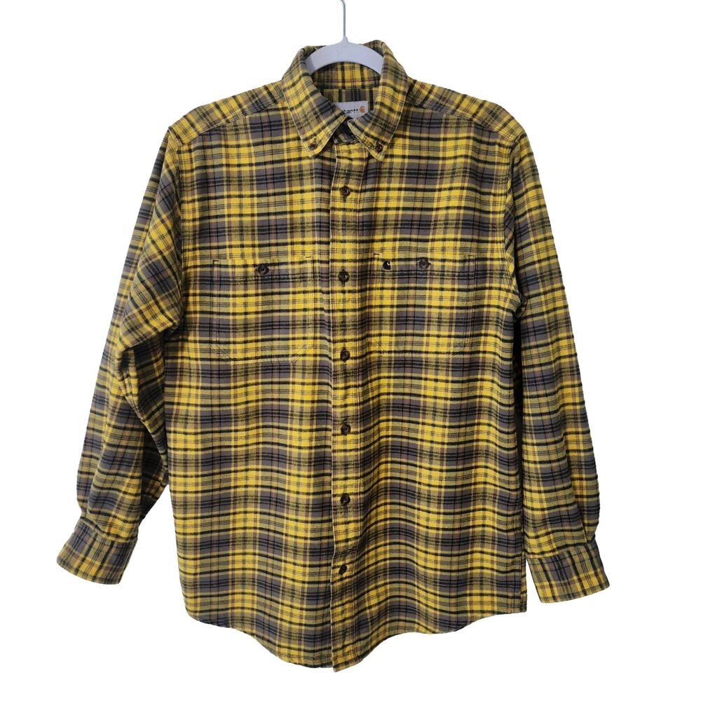 Carhartt Mens Trumbull Long Sleeve Plaid Shirt Button-Up Flannel Yellow Size M